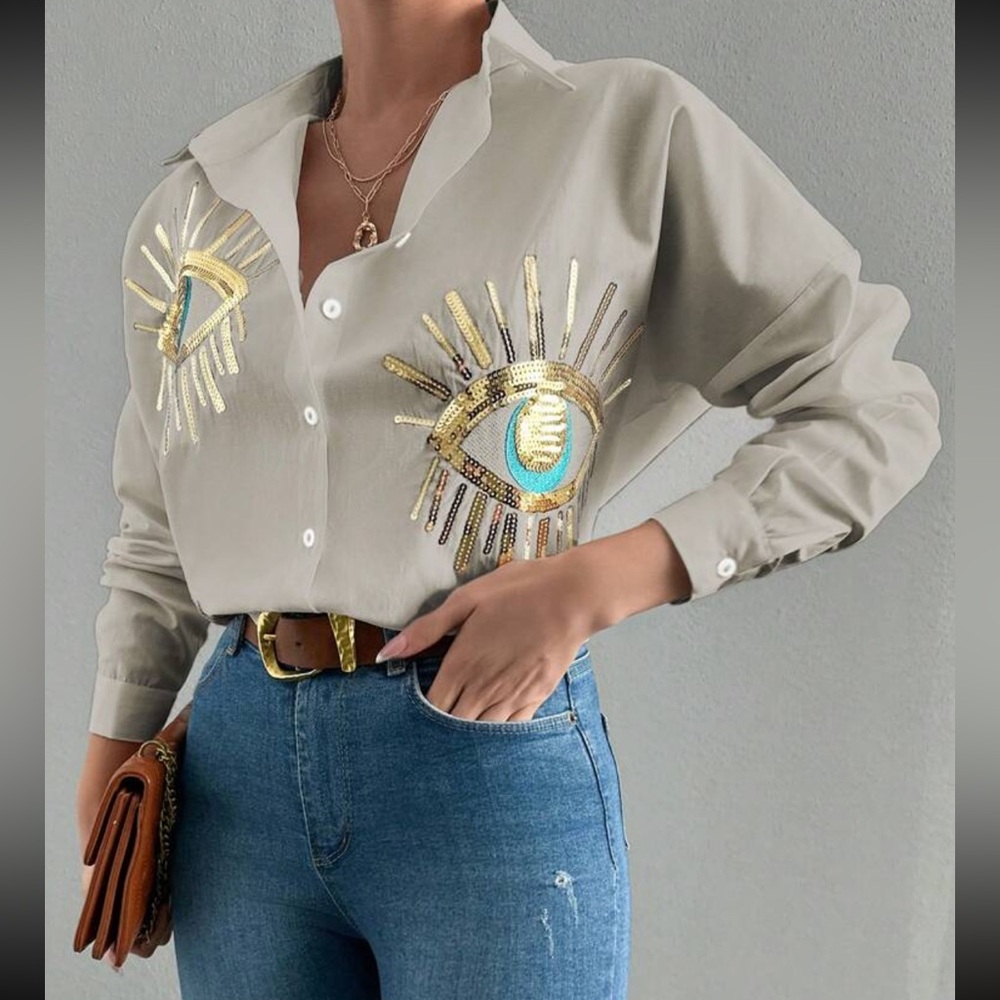 Boho beige blue eye embroidered button down long sleeve shirt - Picture 4 of 5
